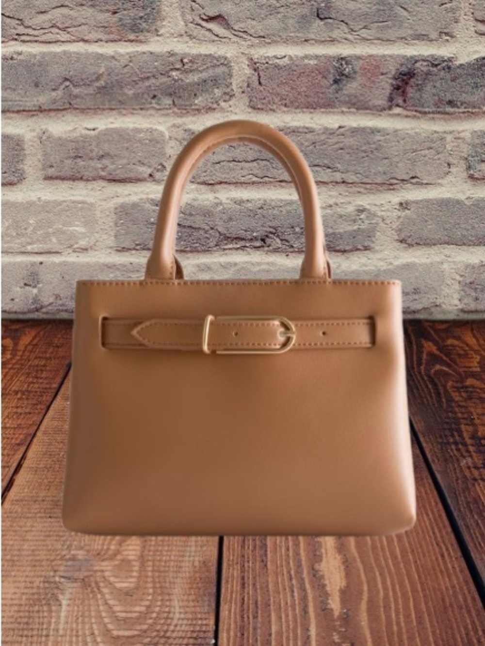 Tan Mini Tote Bag With Carry Handles And a Crossbody Strap